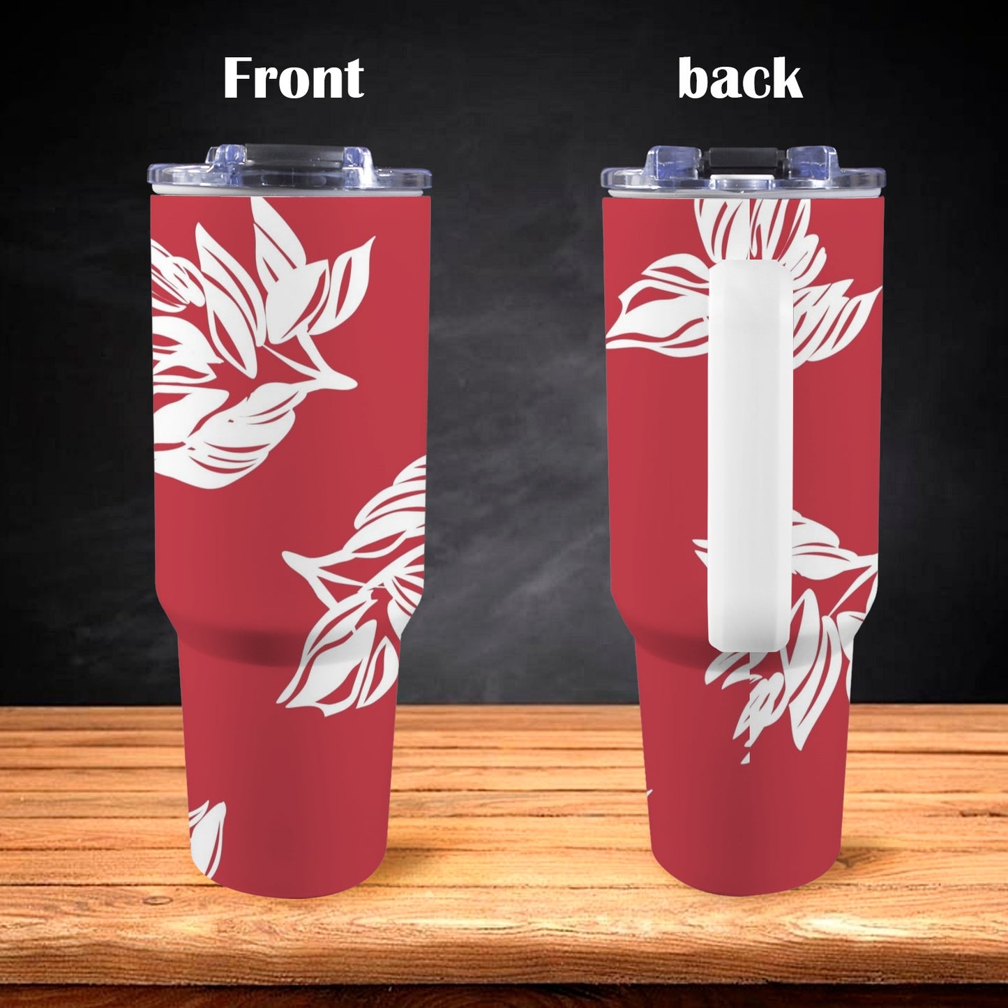 Red Retro Foliage, Hawaiian Flower - 40oz Tumbler with White Handle