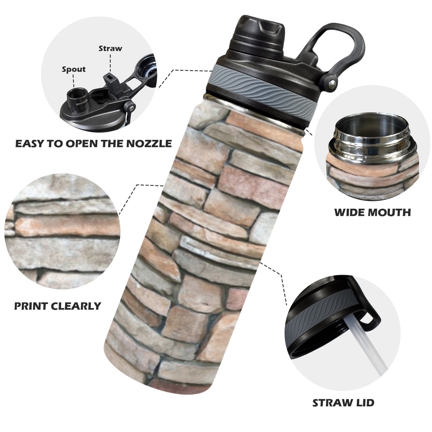 Stone Wall - Insulated Water Bottle with Dual-Use Lid (18oz)