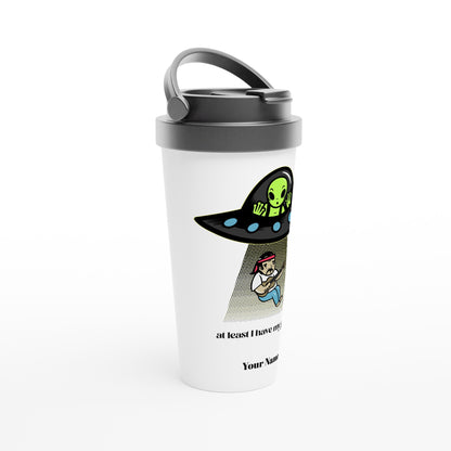 Personalised - Guitarist Alien Abduction - White 15oz Stainless Steel Travel Mug Personalised Travel Mug funny Music Sci Fi