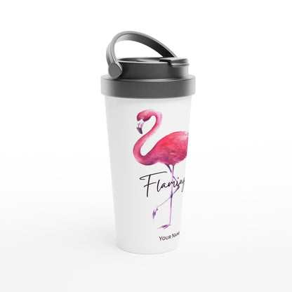 Personalised - Flamingo - White 15oz Stainless Steel Travel Mug Personalised Travel Mug animal coffee