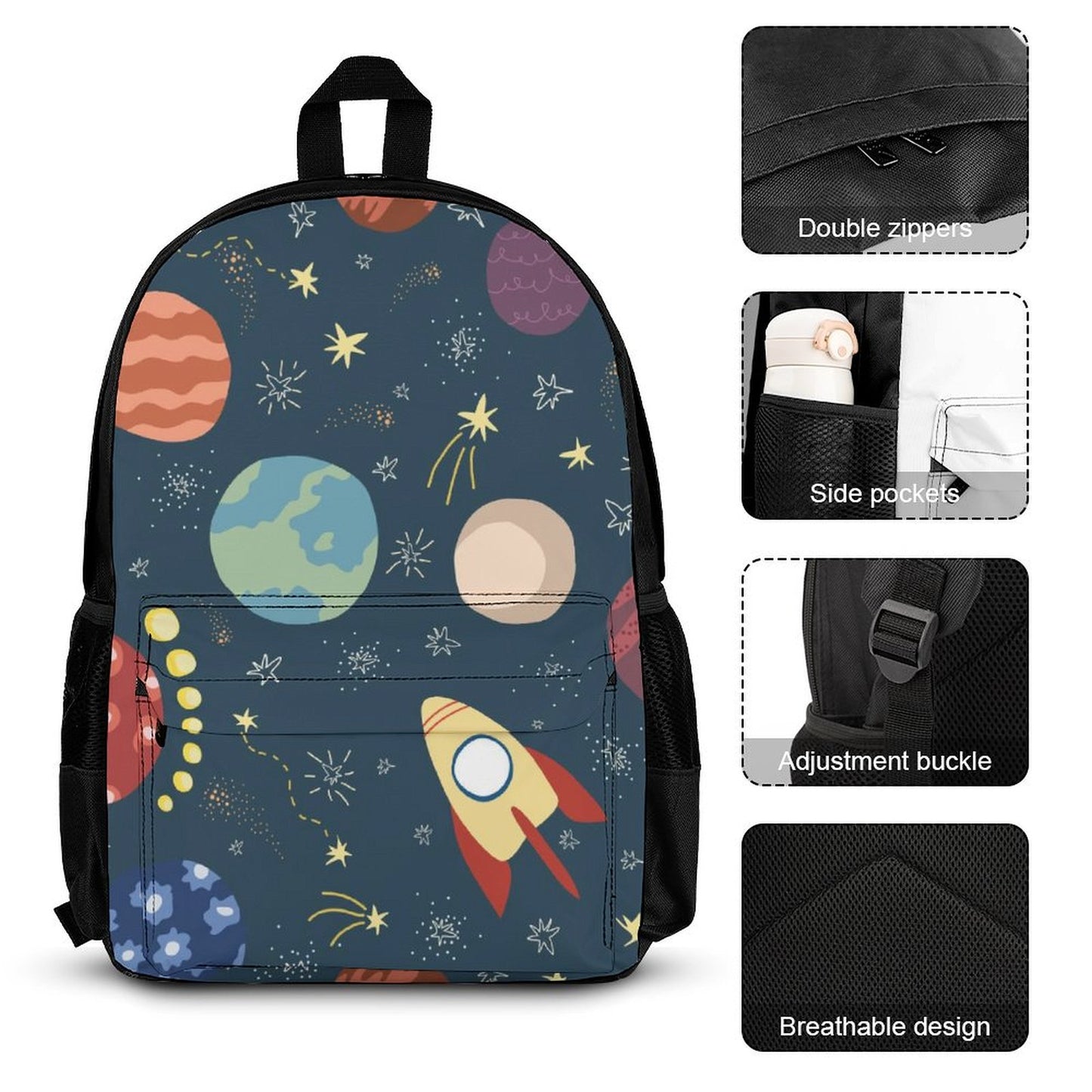 Rocket And Planets In Space - School Backpack Three Piece Set