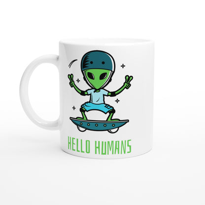 Hello Humans, Alien Skateboard - White 11oz Ceramic Mug Default Title White 11oz Mug Sci Fi