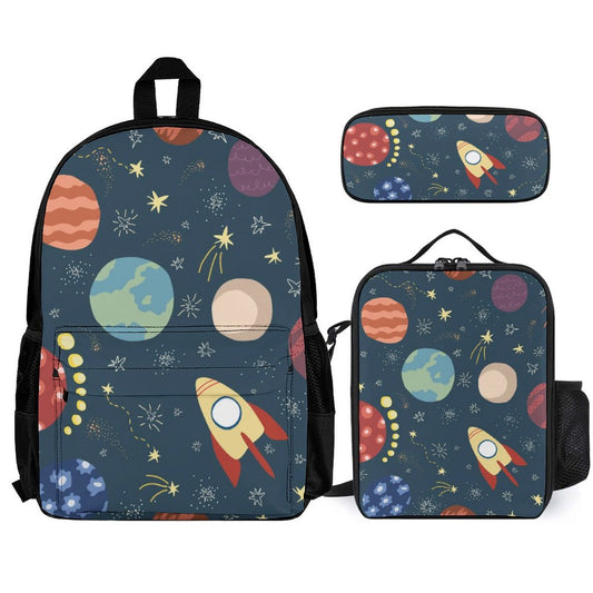 Rocket And Planets In Space - School Backpack Three Piece Set