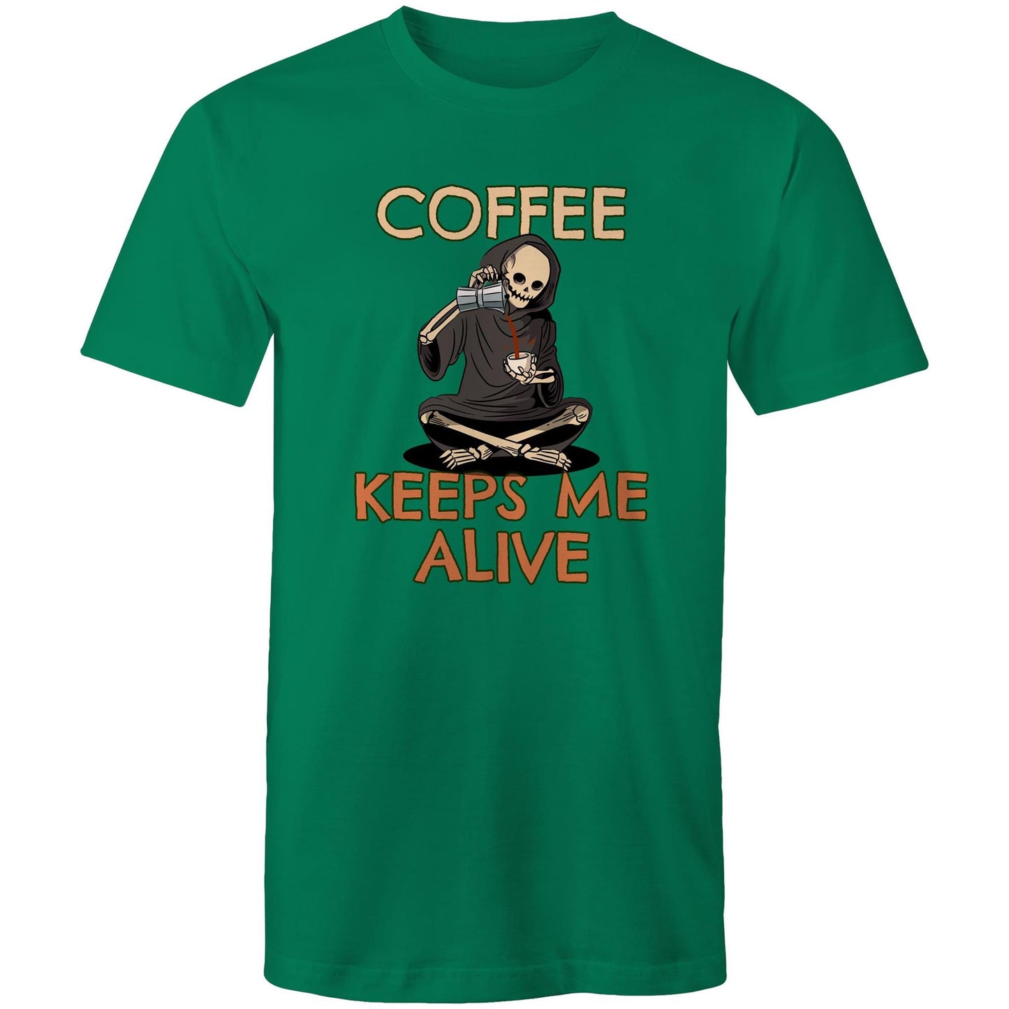 Coffee Keeps Me Alive, Skeleton - Mens T-Shirt Kelly Green Mens T-shirt Coffee Printed In Australia