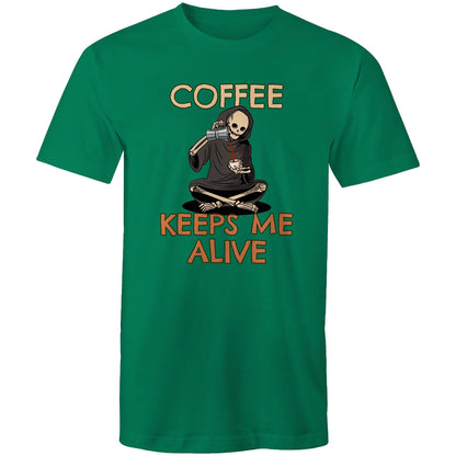 Coffee Keeps Me Alive, Skeleton - Mens T-Shirt Kelly Green Mens T-shirt Coffee Printed In Australia