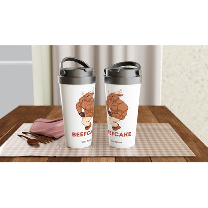 Personalised - Beefcake - White 15oz Stainless Steel Travel Mug Personalised Travel Mug Fitness