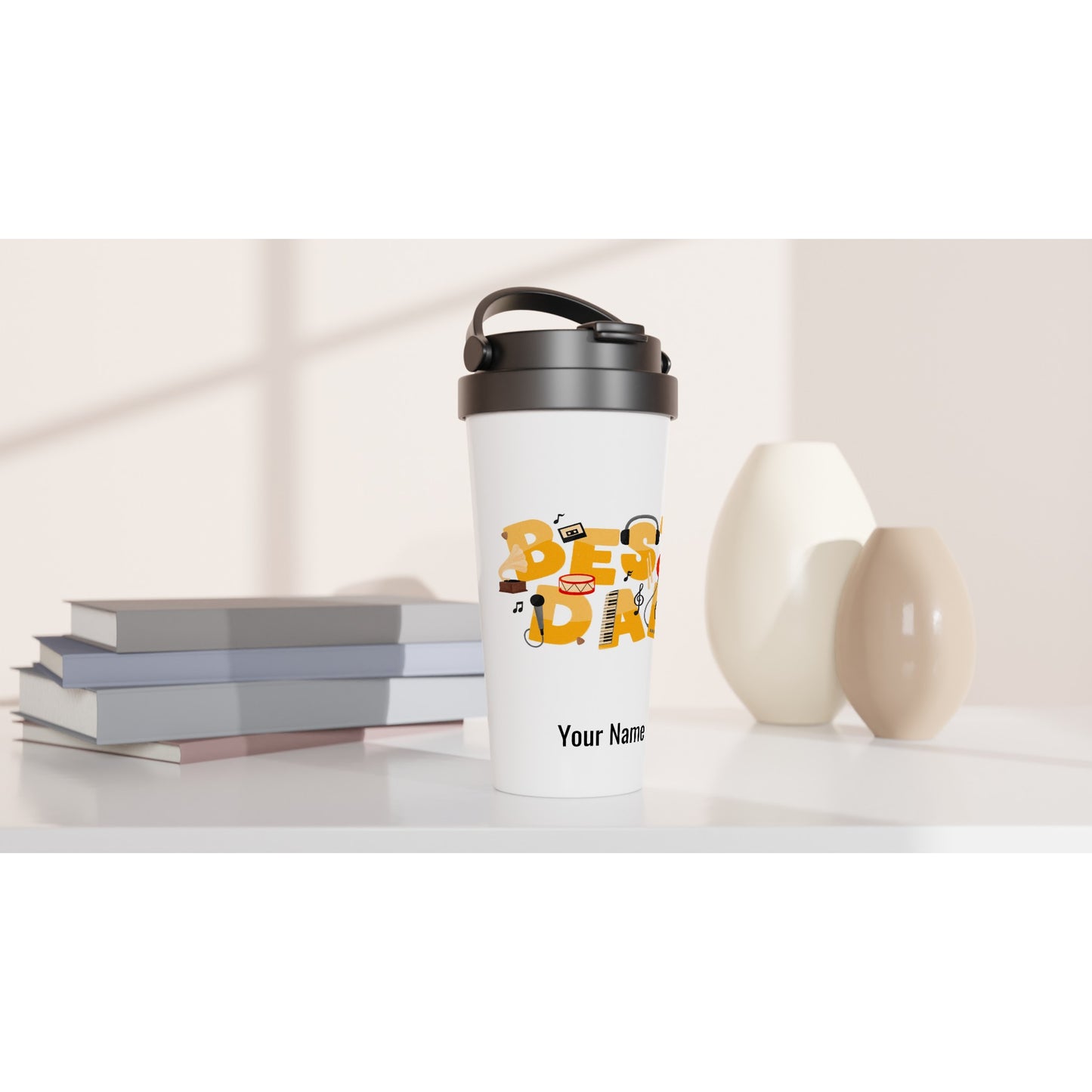 Personalised - Best Dad, Music - White 15oz Stainless Steel Travel Mug Personalised Travel Mug Dad Music