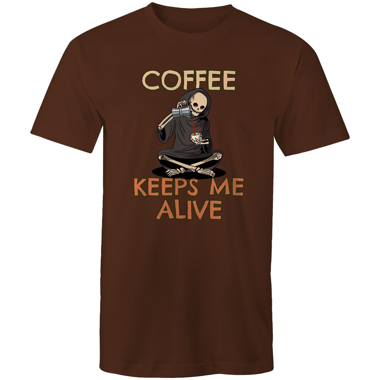 Coffee Keeps Me Alive, Skeleton - Mens T-Shirt Dark Chocolate Mens T-shirt Coffee Printed In Australia