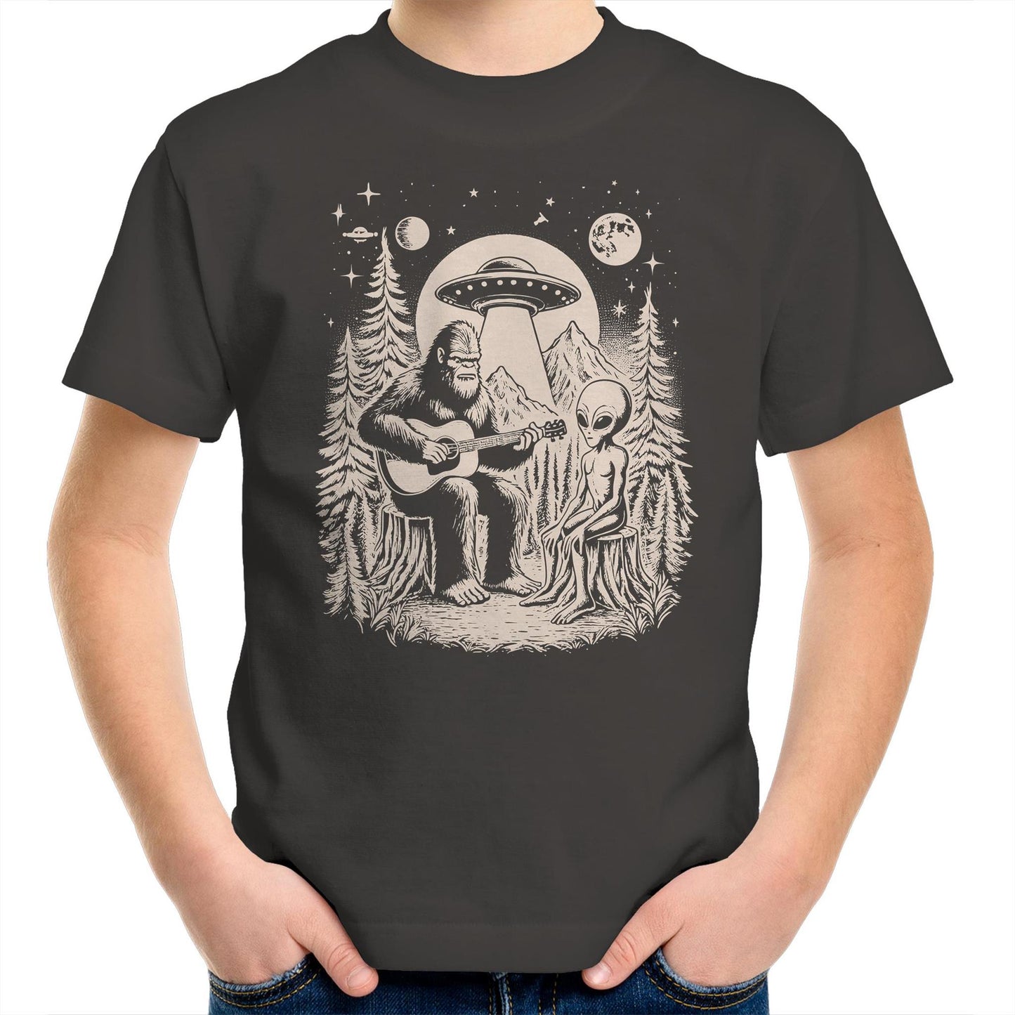 Alien And Bigfoot Playing Guitar - Kids Youth T-shirt