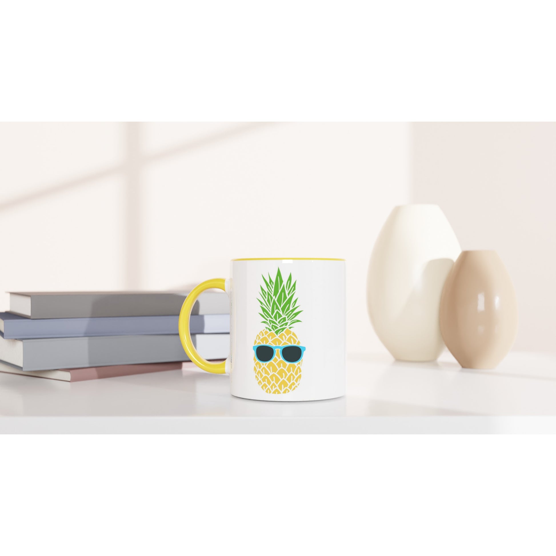 Pineapple With Sunglasses - White 11oz Ceramic Mug with Colour Inside Colour 11oz Mug Food Funny Globally Fulfilled