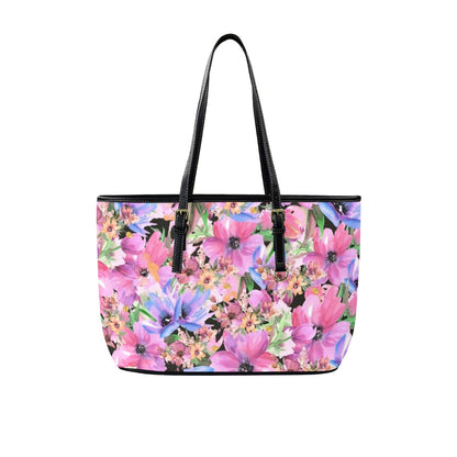 Bright Pink Floral - Leather Tote Bag-Large