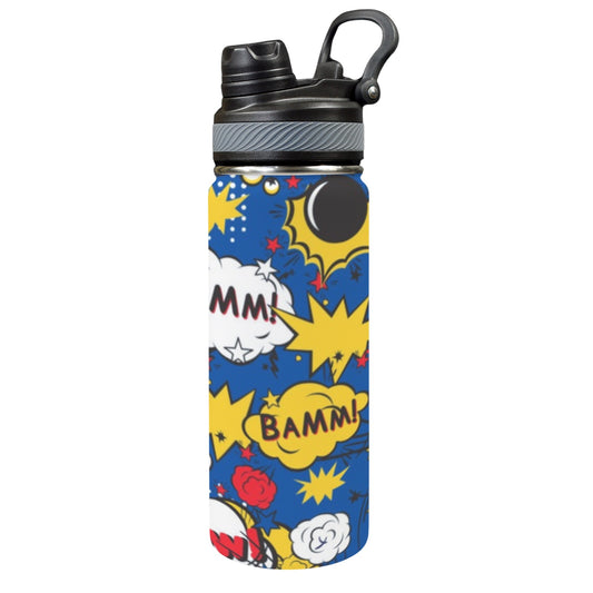 Blue Comic Book - Insulated Water Bottle with Dual-Use Lid (18oz)