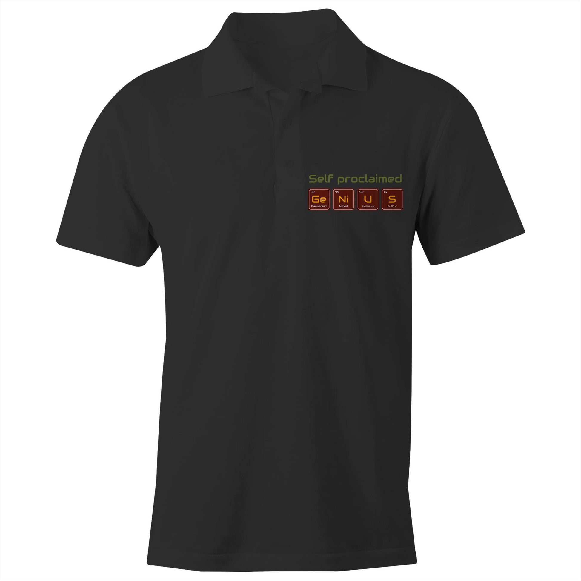 Self Proclaimed Genius, Periodic Table Of Elements - Chad S/S Polo Shirt, Printed Black Polo Shirt Funny Science