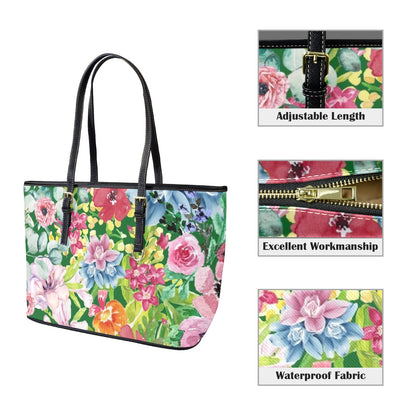 Bright Floral - Leather Tote Bag-Large