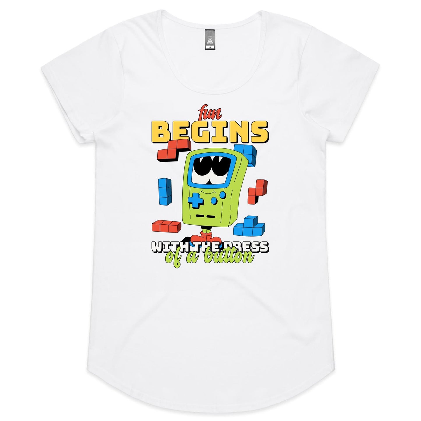 Fun Begins With The Press Of A Button, Game Console - Womens Scoop Neck T-Shirt