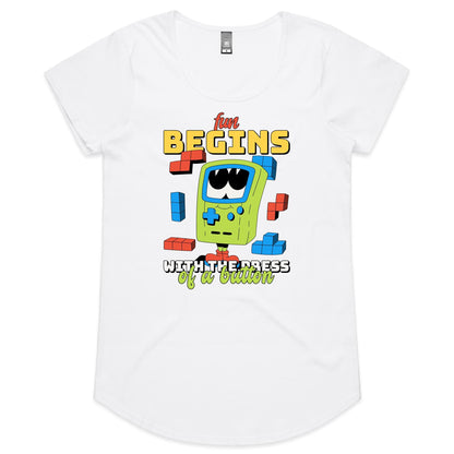 Fun Begins With The Press Of A Button, Game Console - Womens Scoop Neck T-Shirt