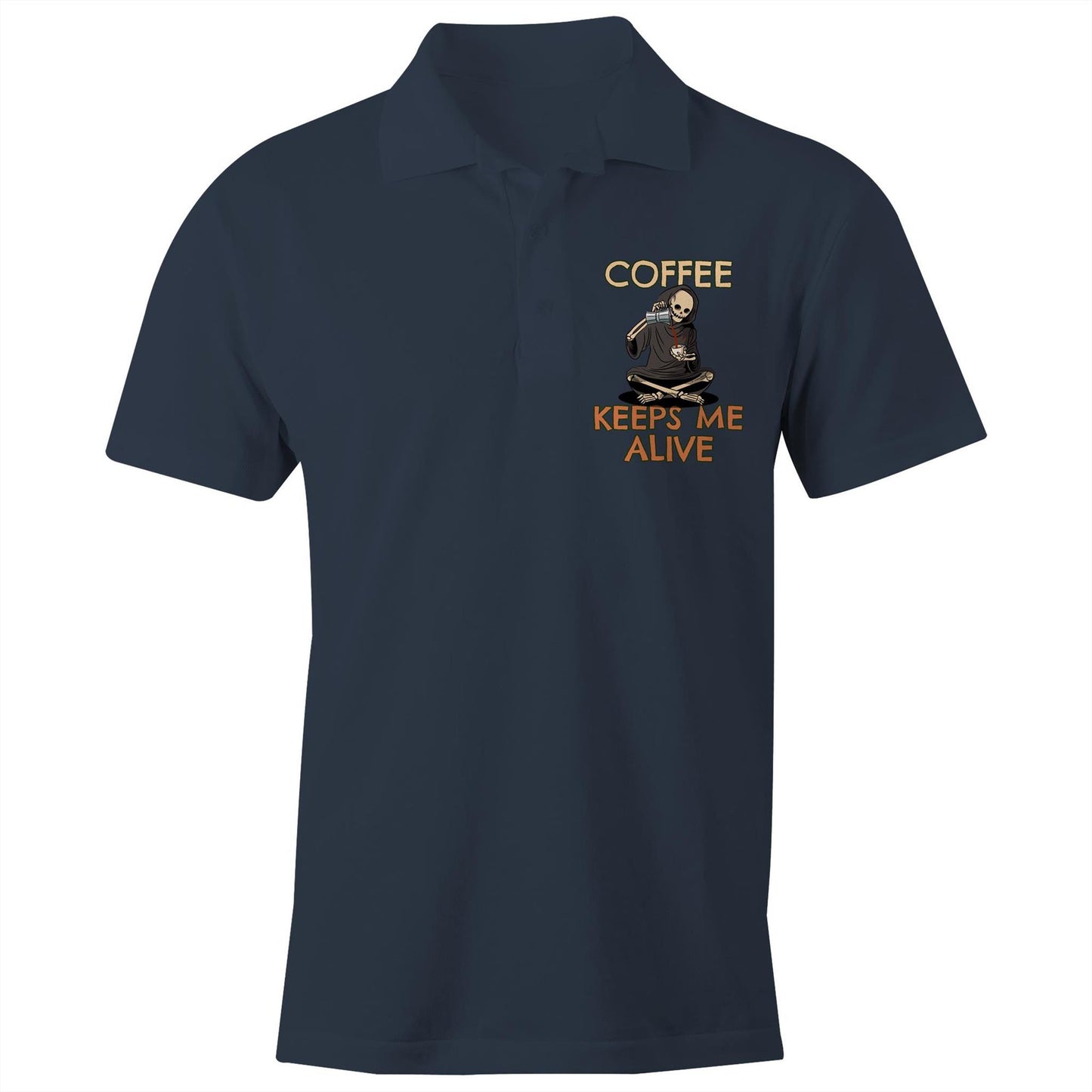 Skeleton, Coffee Keeps Me Alive - Chad S/S Polo Shirt, Printed Navy Polo Shirt Coffee