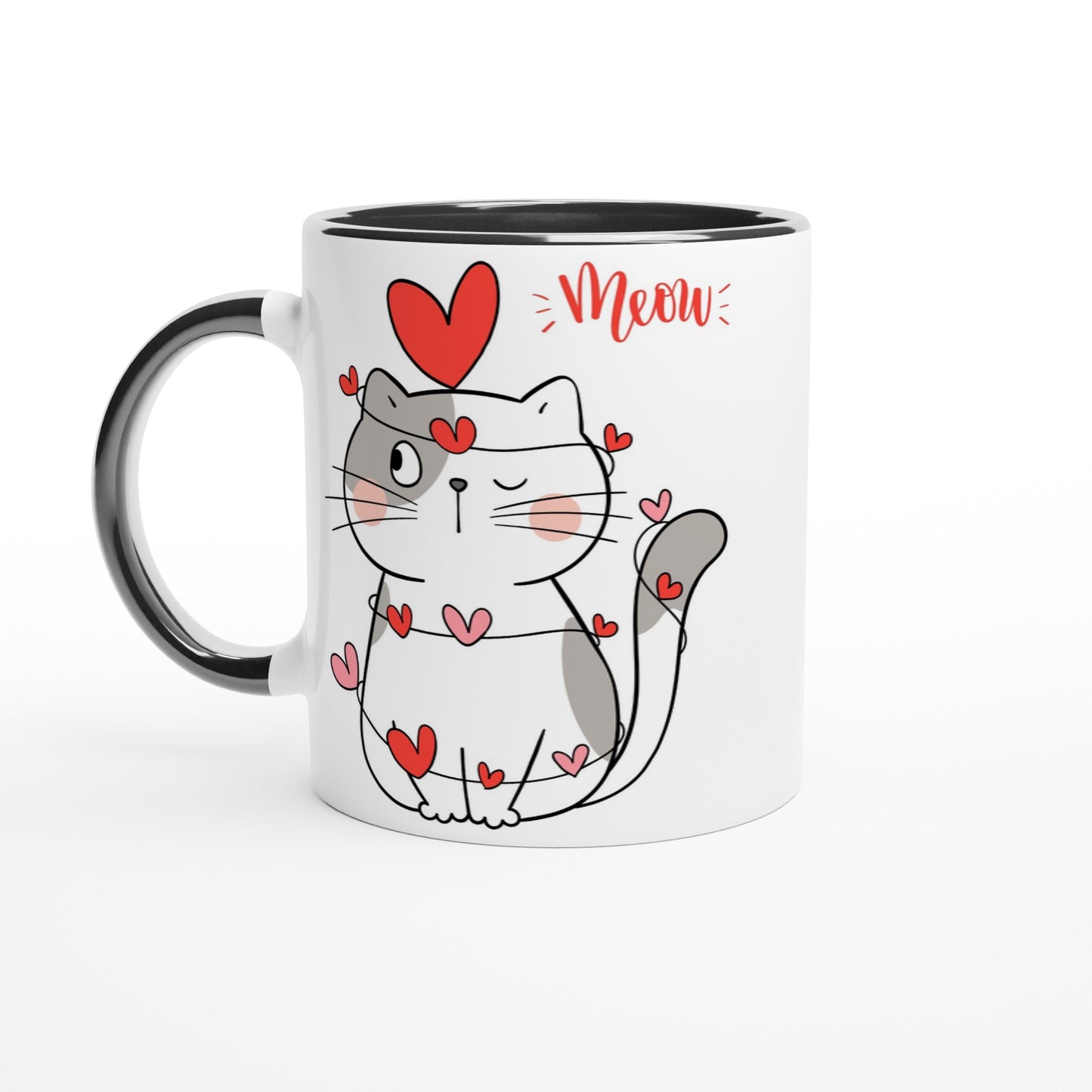 Cat Heart Meow - White 11oz Ceramic Mug with Color Inside Ceramic Black Colour 11oz Mug animal Globally Fulfilled Love