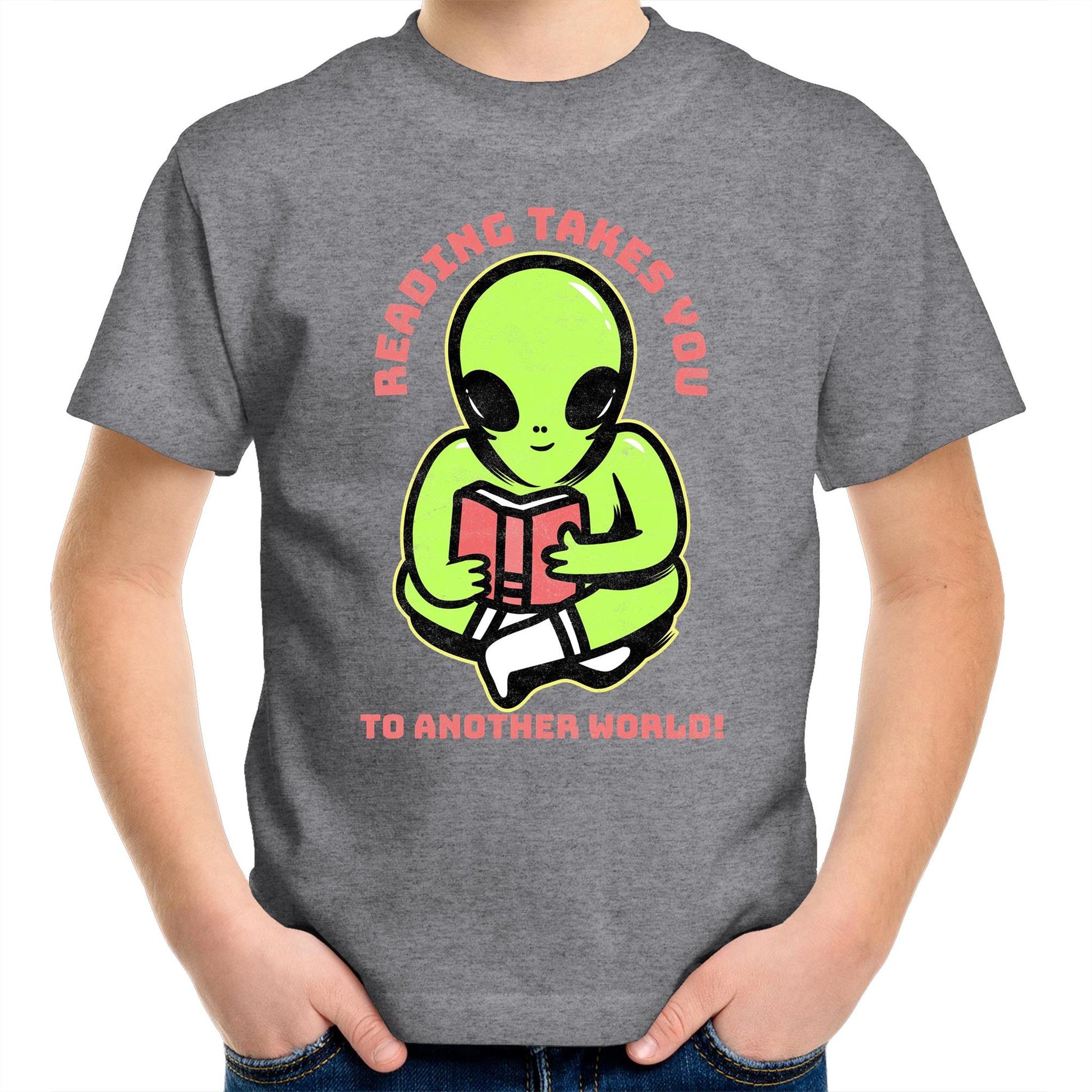 Reading Takes You To Another World, Alien - Kids Youth T-Shirt Grey Marle Kids Youth T-shirt Reading Sci Fi