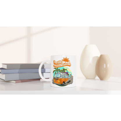 Hello Sunshine, Beach Van - White 11oz Ceramic Mug White 11oz Mug Globally Fulfilled Retro Summer Surf