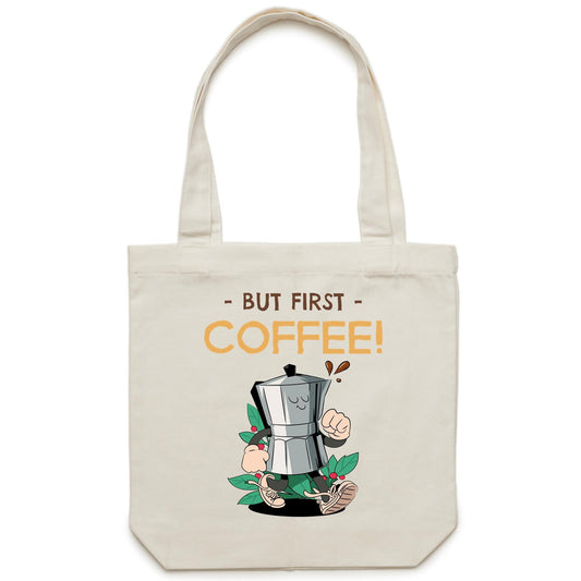 But First Coffee - Canvas Tote Bag Cream One Size Tote Bag Coffee Retro