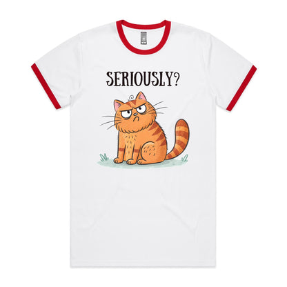 Cat Seriously? - Staple Ringer Tee White Red Ringer T-Shirt animal Printed In Australia