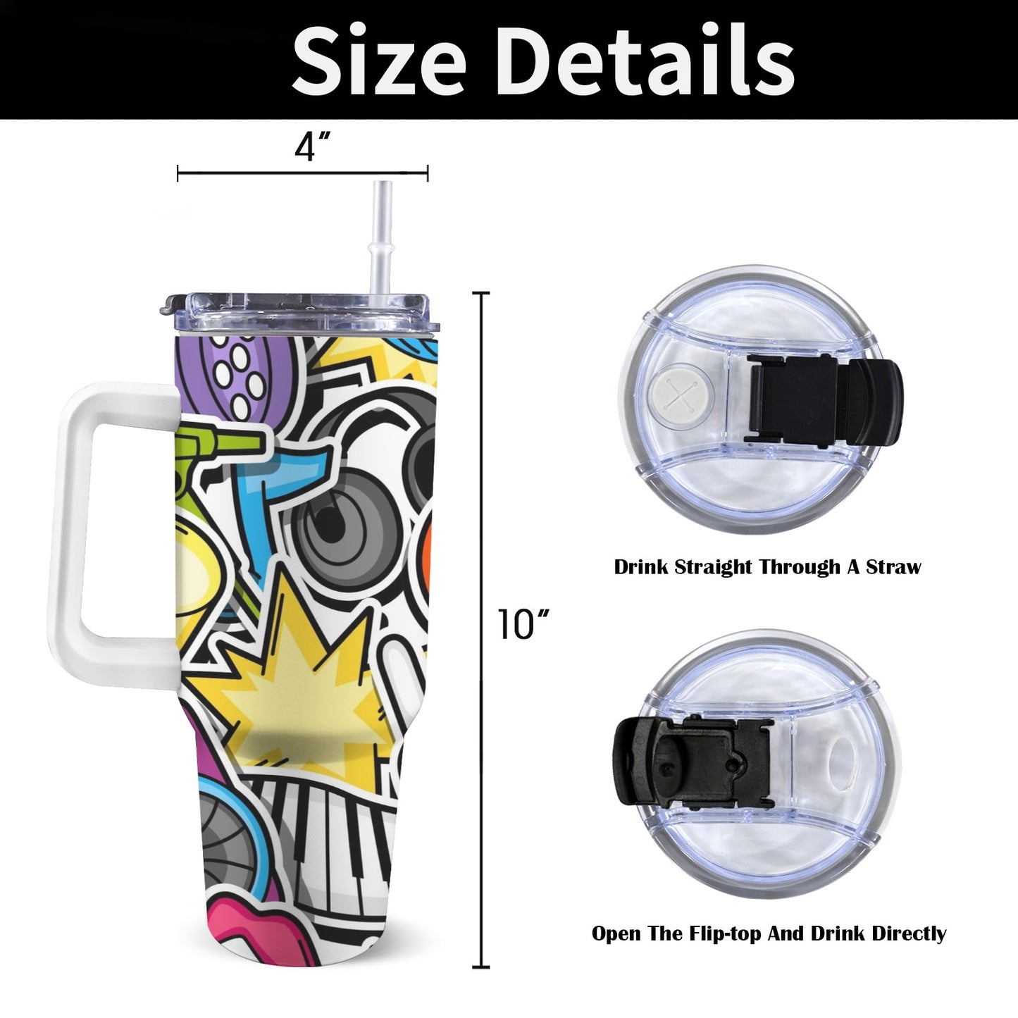 Sticker Music - 40oz Tumbler with White Handle