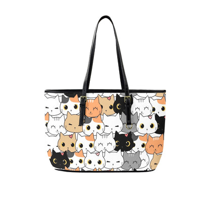 Cute Cartoon Cats - Leather Tote Bag-Large