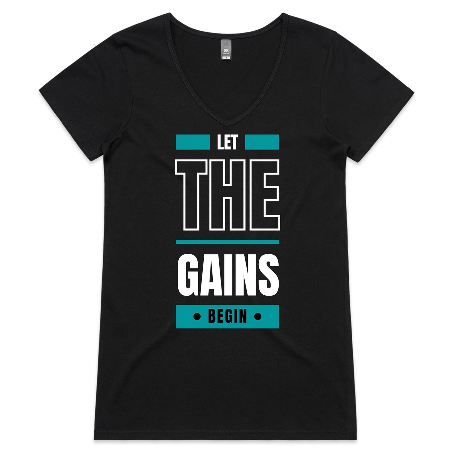 Let The Gains Begin - Womens V-Neck T-Shirt Black Womens Fitness V-Neck Fitness
