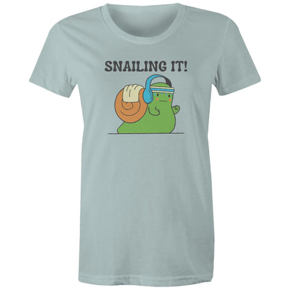 Snailing It - Womens T-shirt Pale Blue Womens T-shirt Fitness Printed In Australia