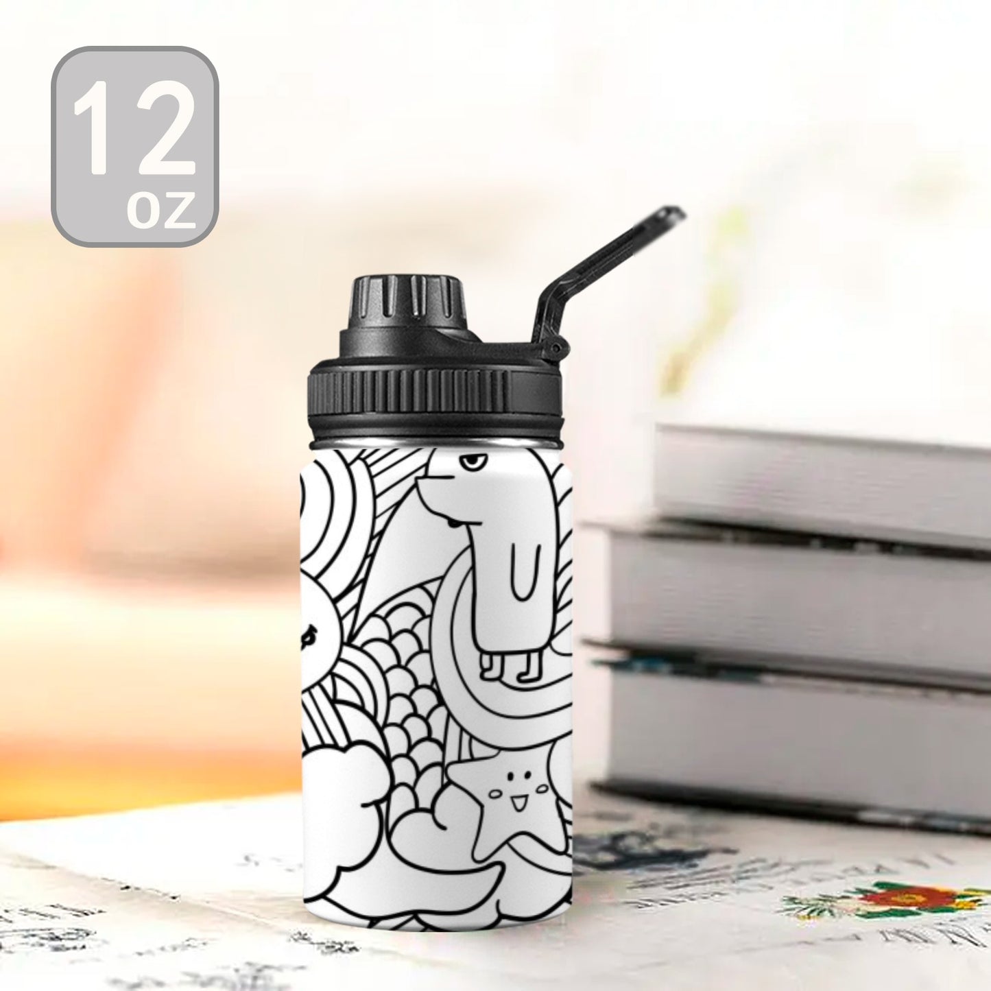 Black And White Creatures - Kids Water Bottle with Chug Lid (12 oz)