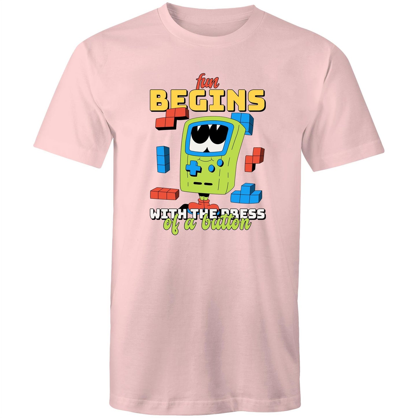 Fun Begins With The Press Of A Button, Video Game - Mens T-Shirt Pink Mens T-shirt Games Printed In Australia