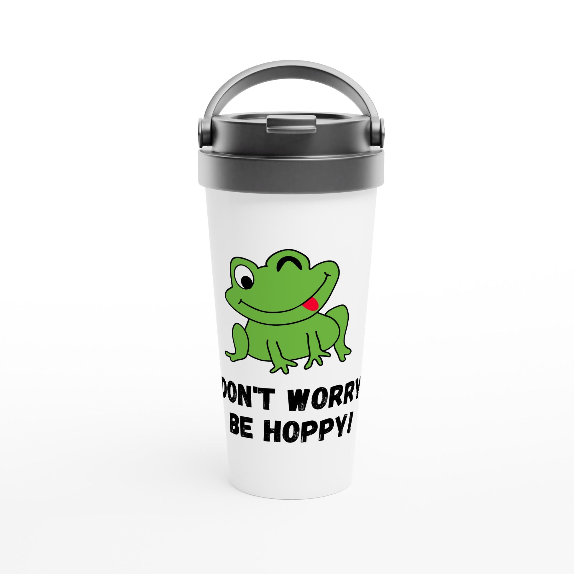 Frog, Don't Worry Be Hoppy - White 15oz Stainless Steel Travel Mug Default Title Travel Mug Globally Fulfilled Positivity