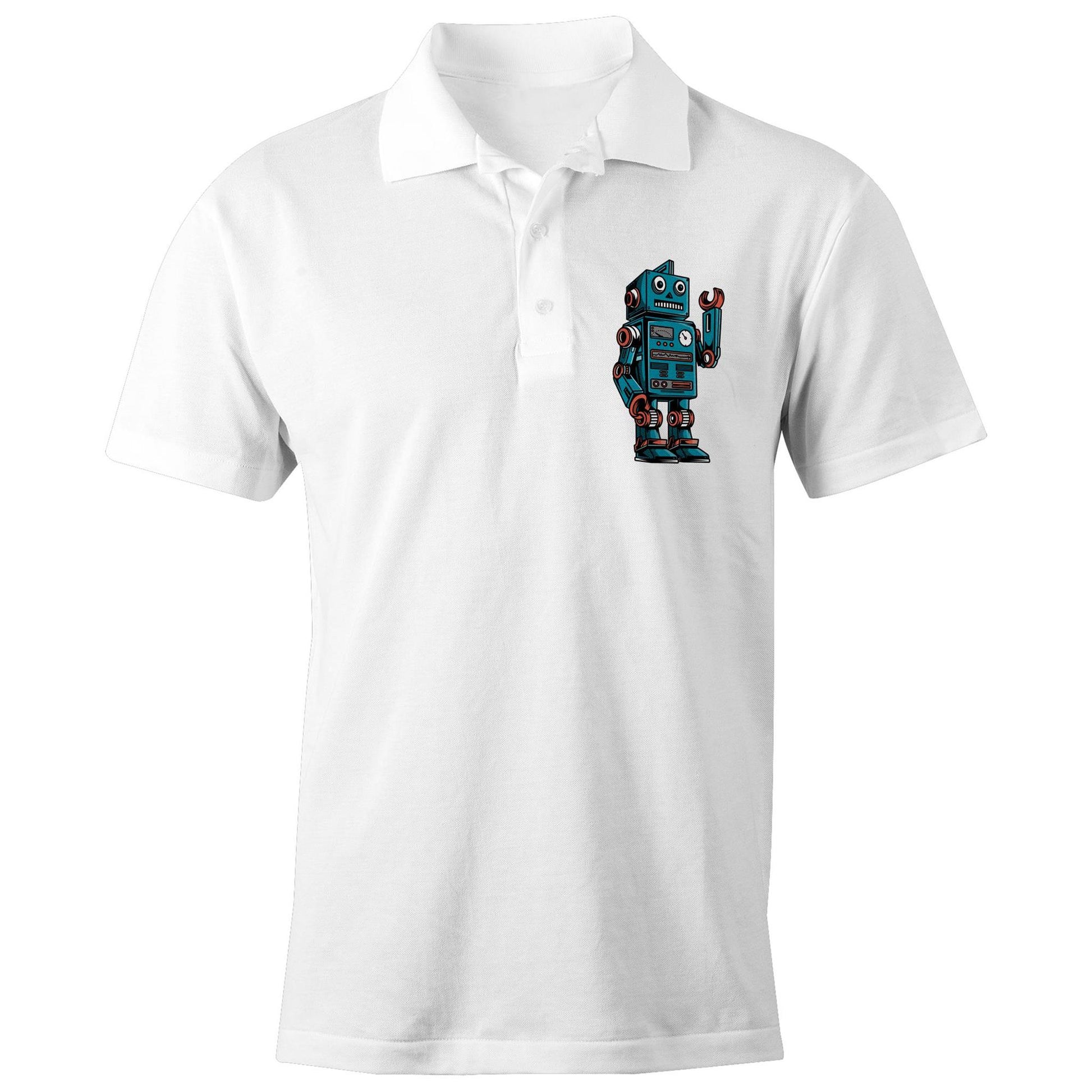 Robot - Chad S/S Polo Shirt, Printed White Polo Shirt Retro Sci Fi