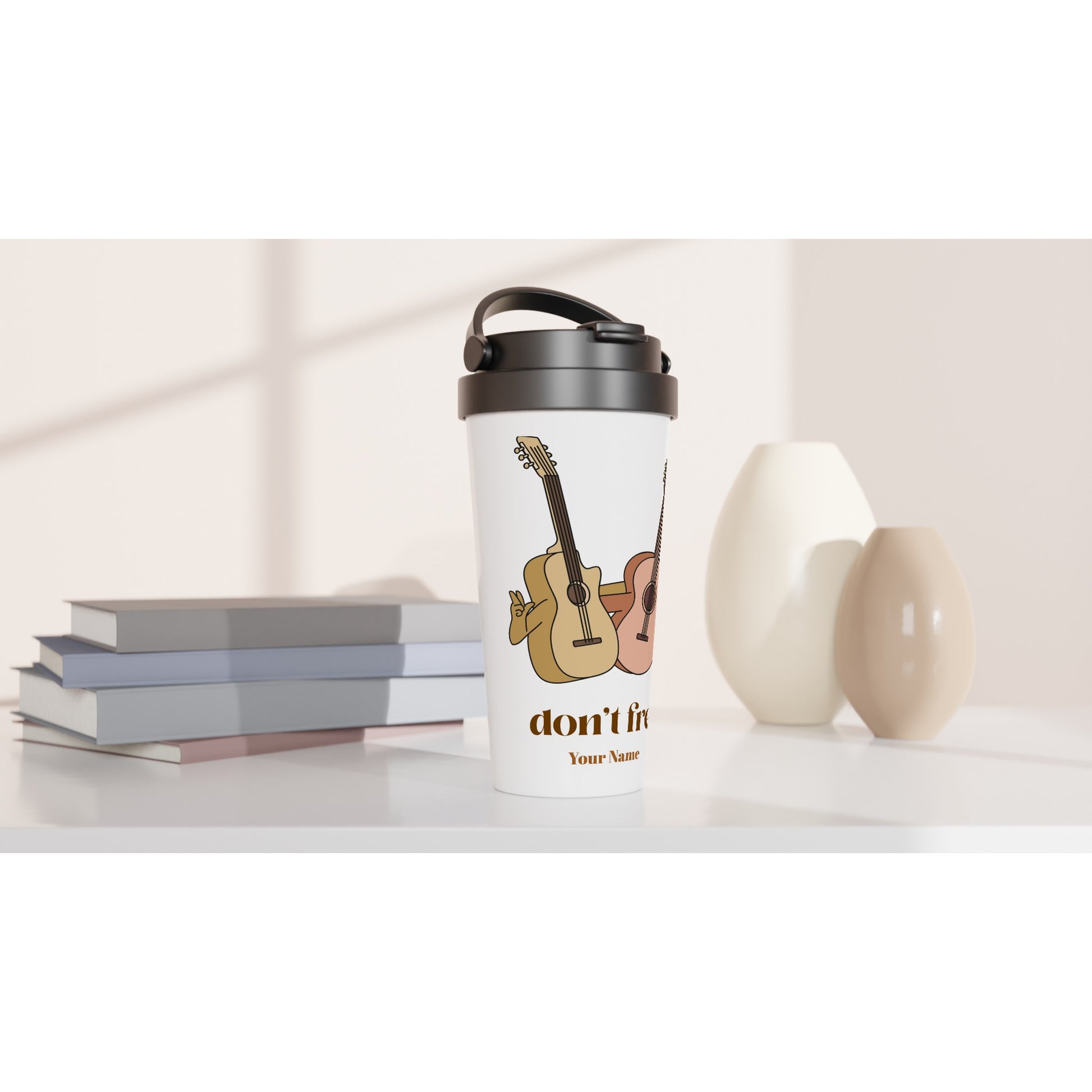 Personalised - Don't Fret - White 15oz Stainless Steel Travel Mug Personalised Travel Mug Music