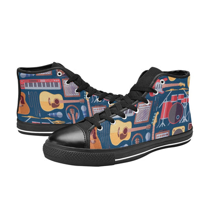 Music Instruments Blue - Women's High Top Canvas Shoes