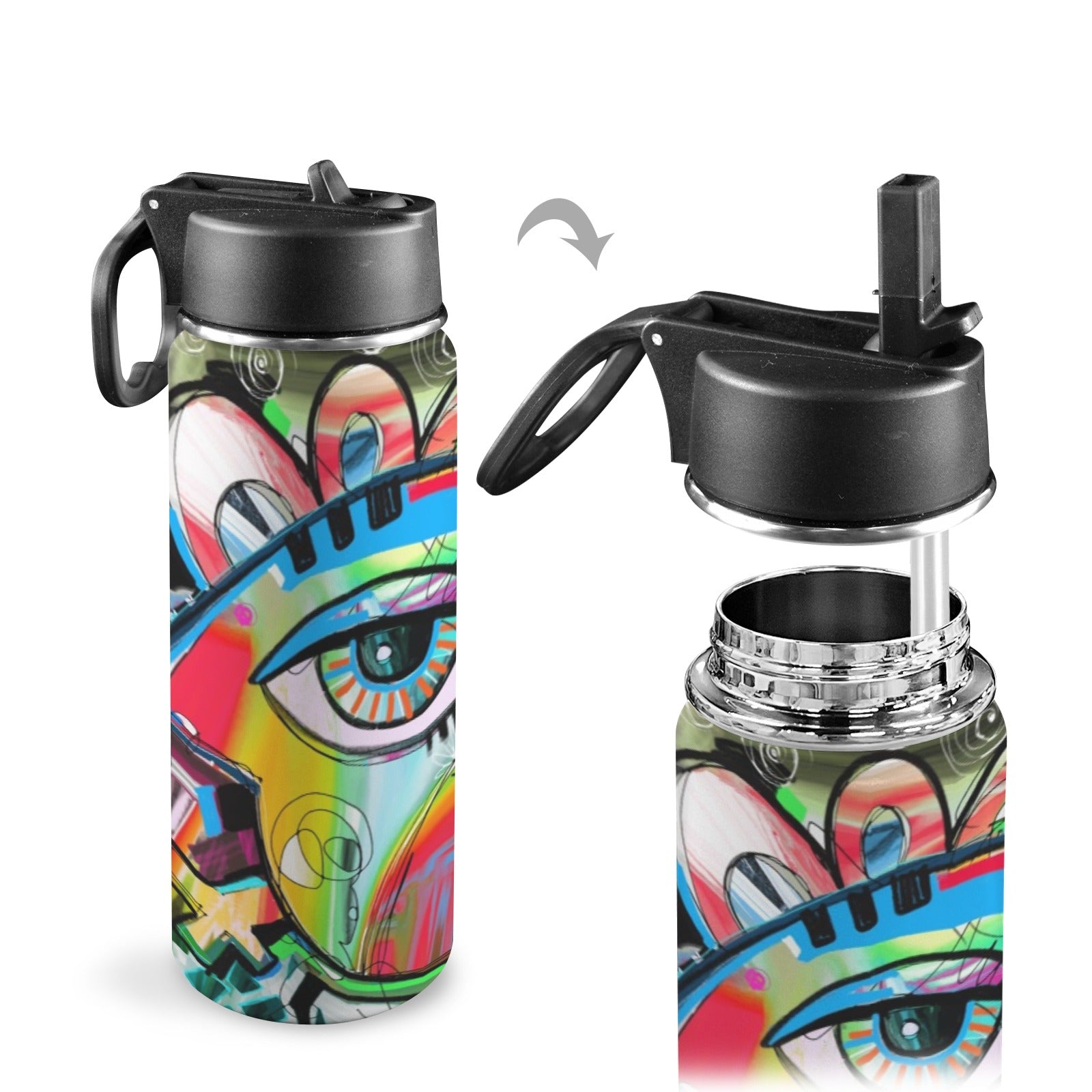 Graffiti Bird - Insulated Water Bottle with Straw Lid (18oz) Insulated Water Bottle with Swing Handle