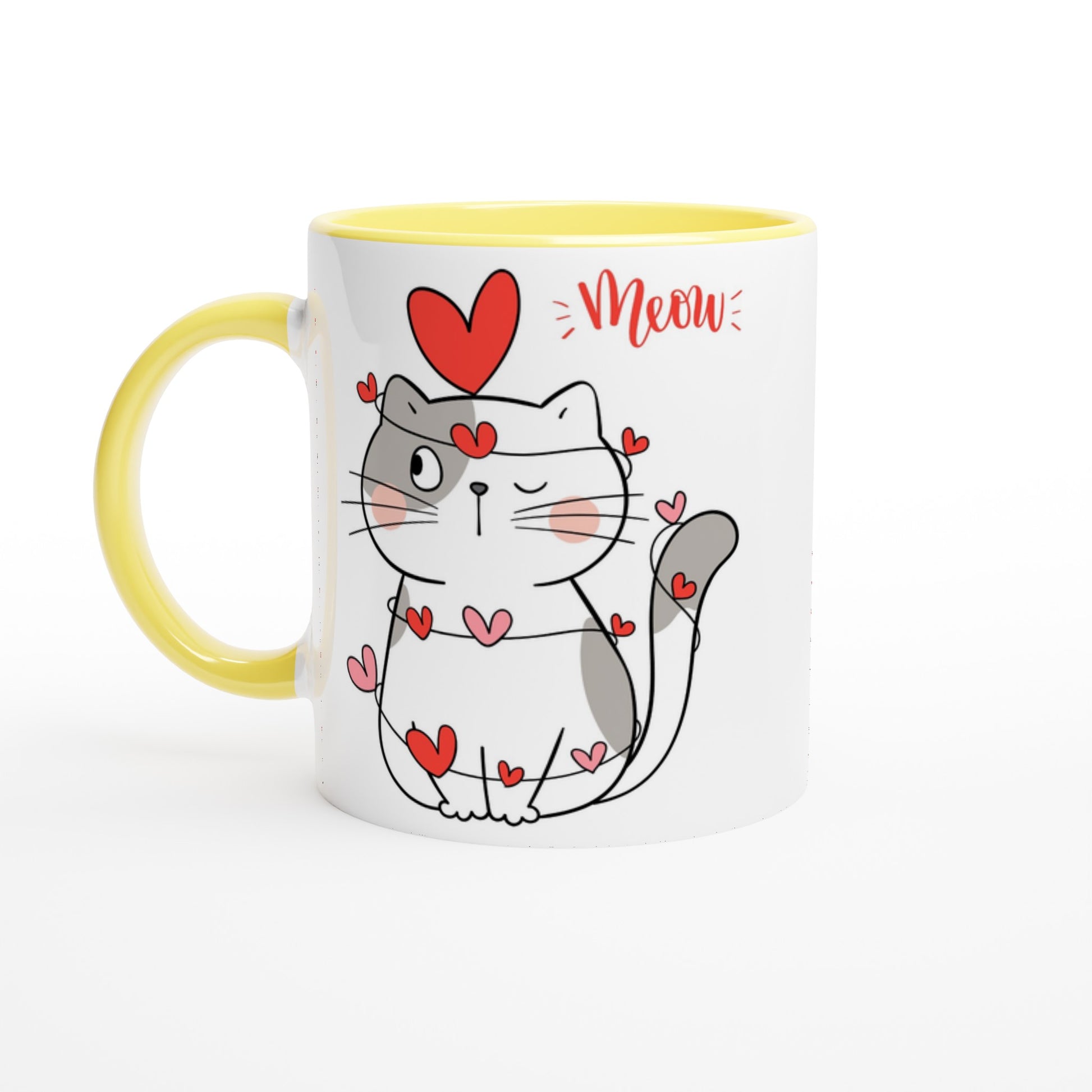 Cat Heart Meow - White 11oz Ceramic Mug with Color Inside Ceramic Yellow Colour 11oz Mug animal Globally Fulfilled Love