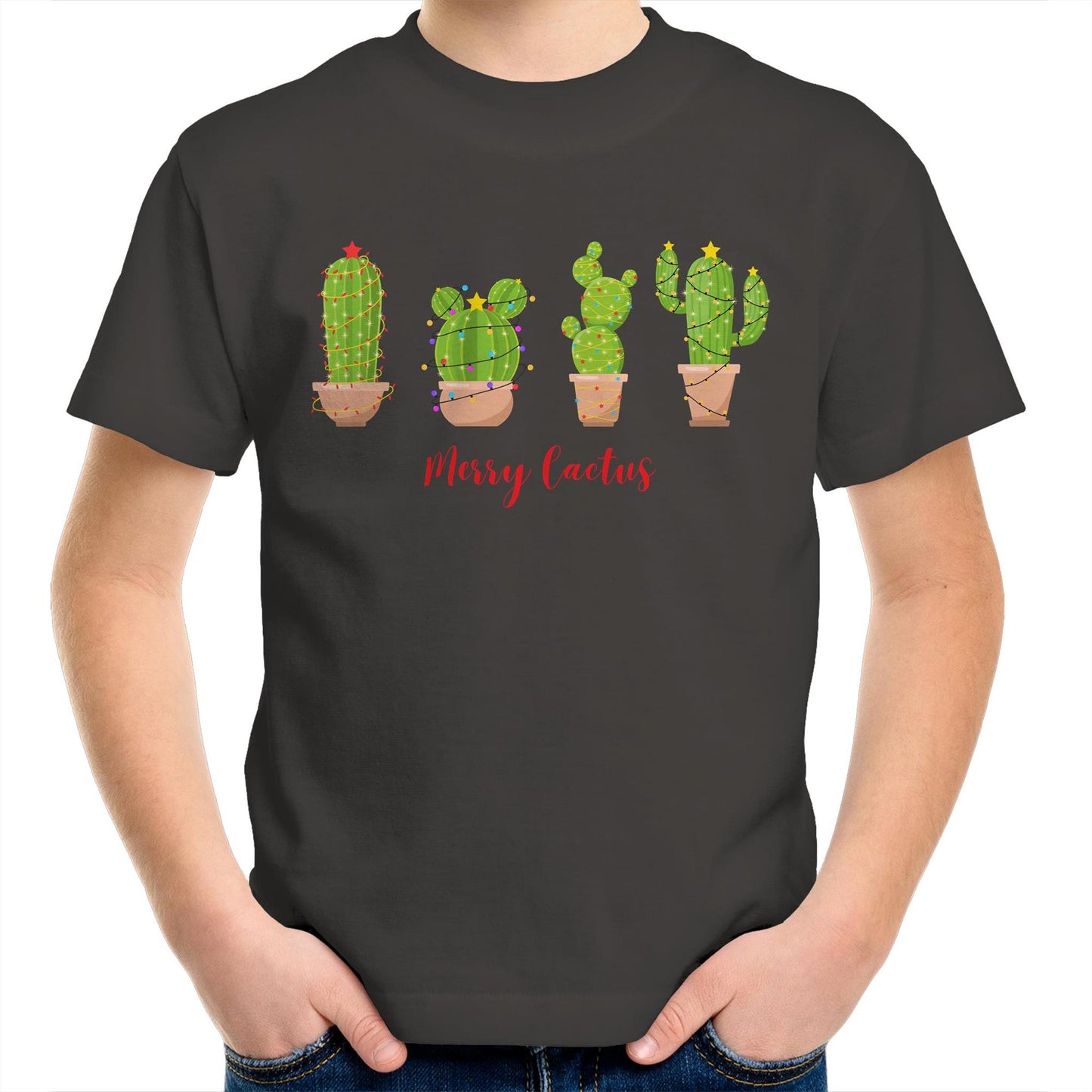 Merry Cactus, Christmas - Kids Youth T-Shirt Charcoal Kids Christmas T-shirt Christmas Printed In Australia