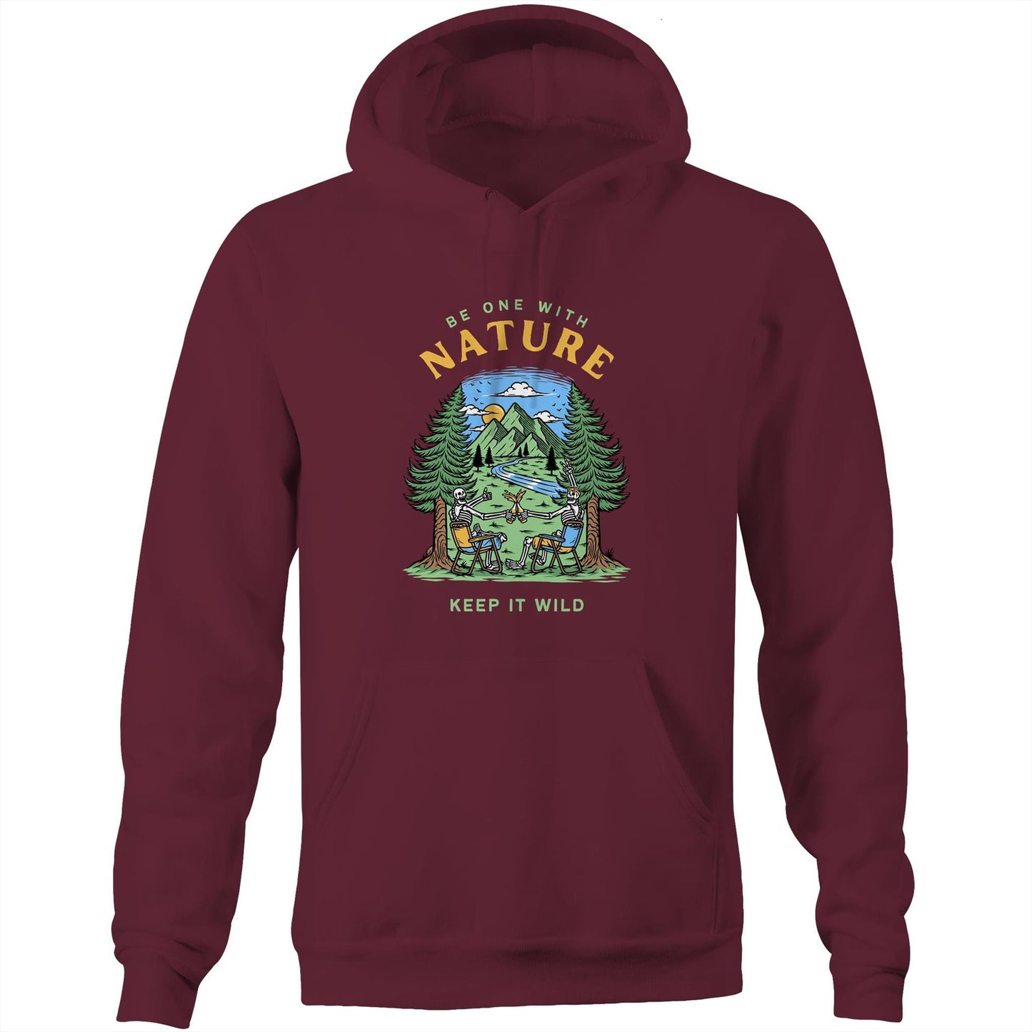 Be One With Nature, Skeleton - Pocket Hoodie Sweatshirt Burgundy Hoodie Environment Summer