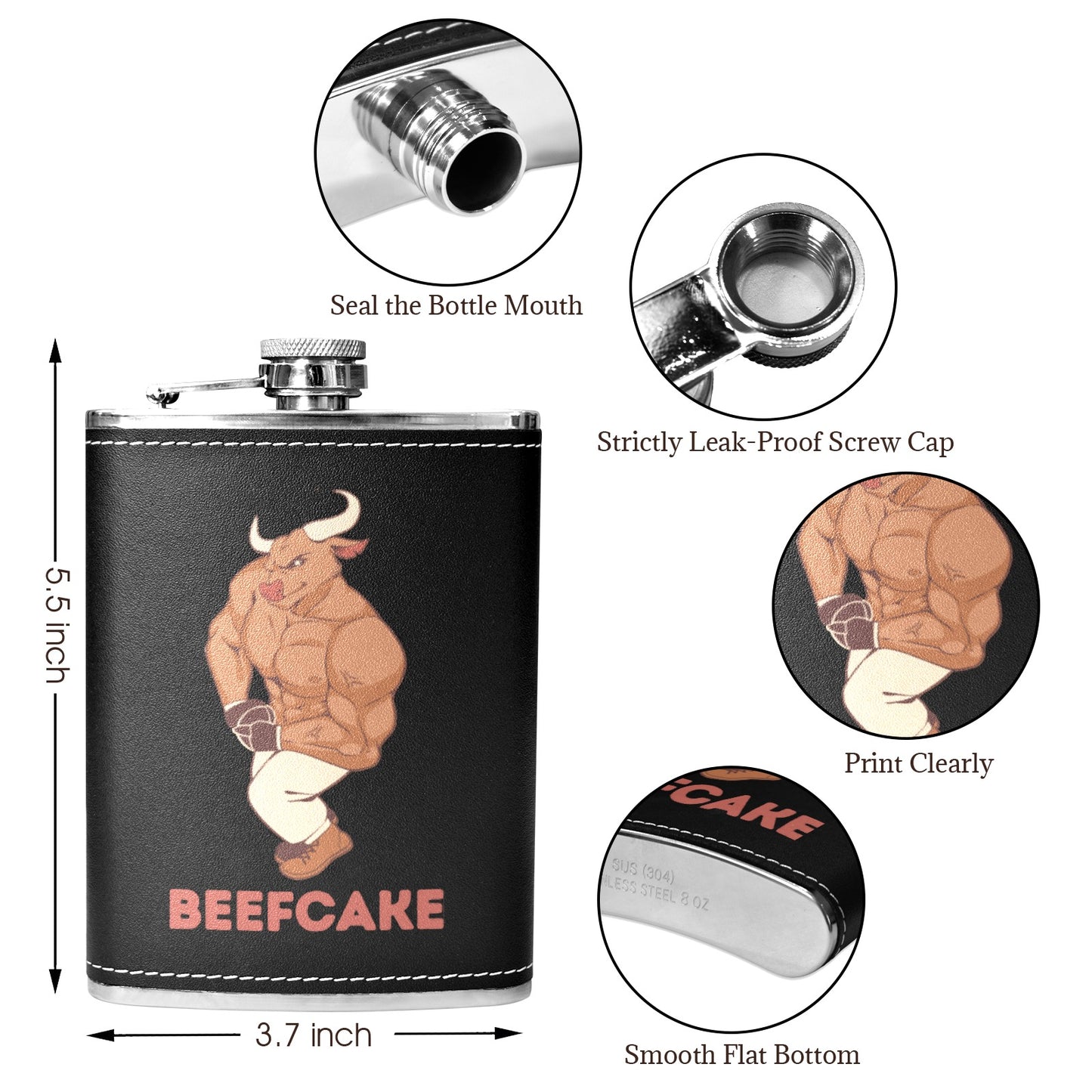 Beefcake - 8oz Black Leather Hip Flask 8oz Black Leather Hip Flask Printed Offshore