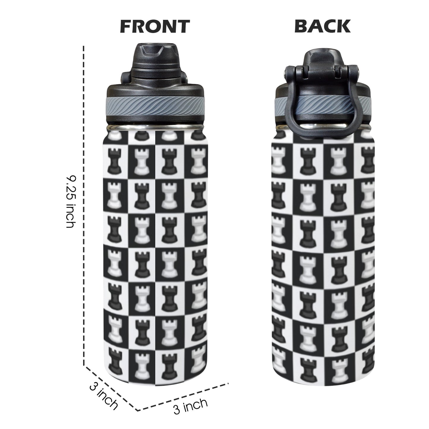 Chess Black And White - Insulated Water Bottle with Dual-Use Lid (18oz) Insulated Water Bottle with Dual-Use Lid (18oz) Chess Games Printed Offshore