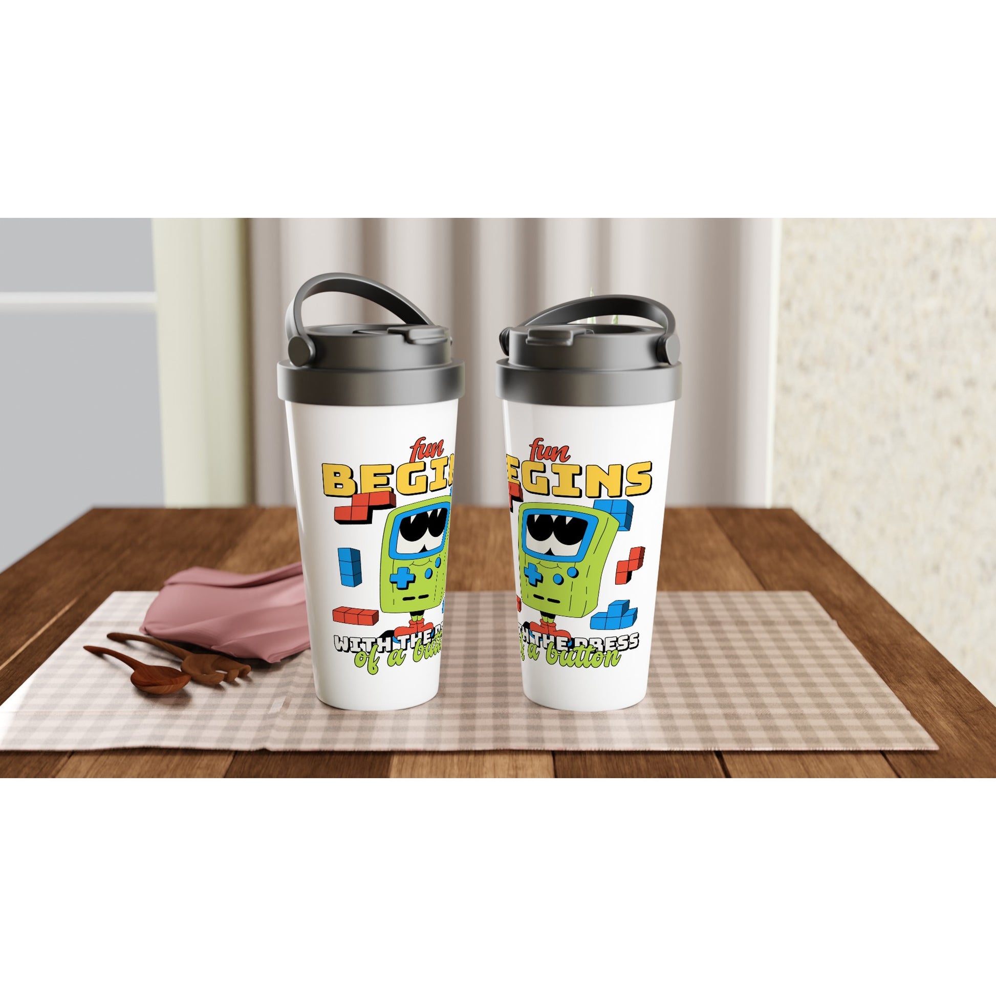 Fun Begins With The Press Of A Button - White 15oz Stainless Steel Travel Mug Travel Mug Games Globally Fulfilled