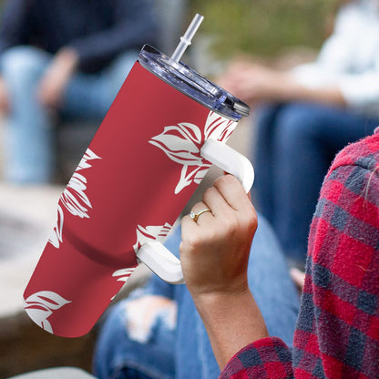 Red Retro Foliage, Hawaiian Flower - 40oz Tumbler with White Handle