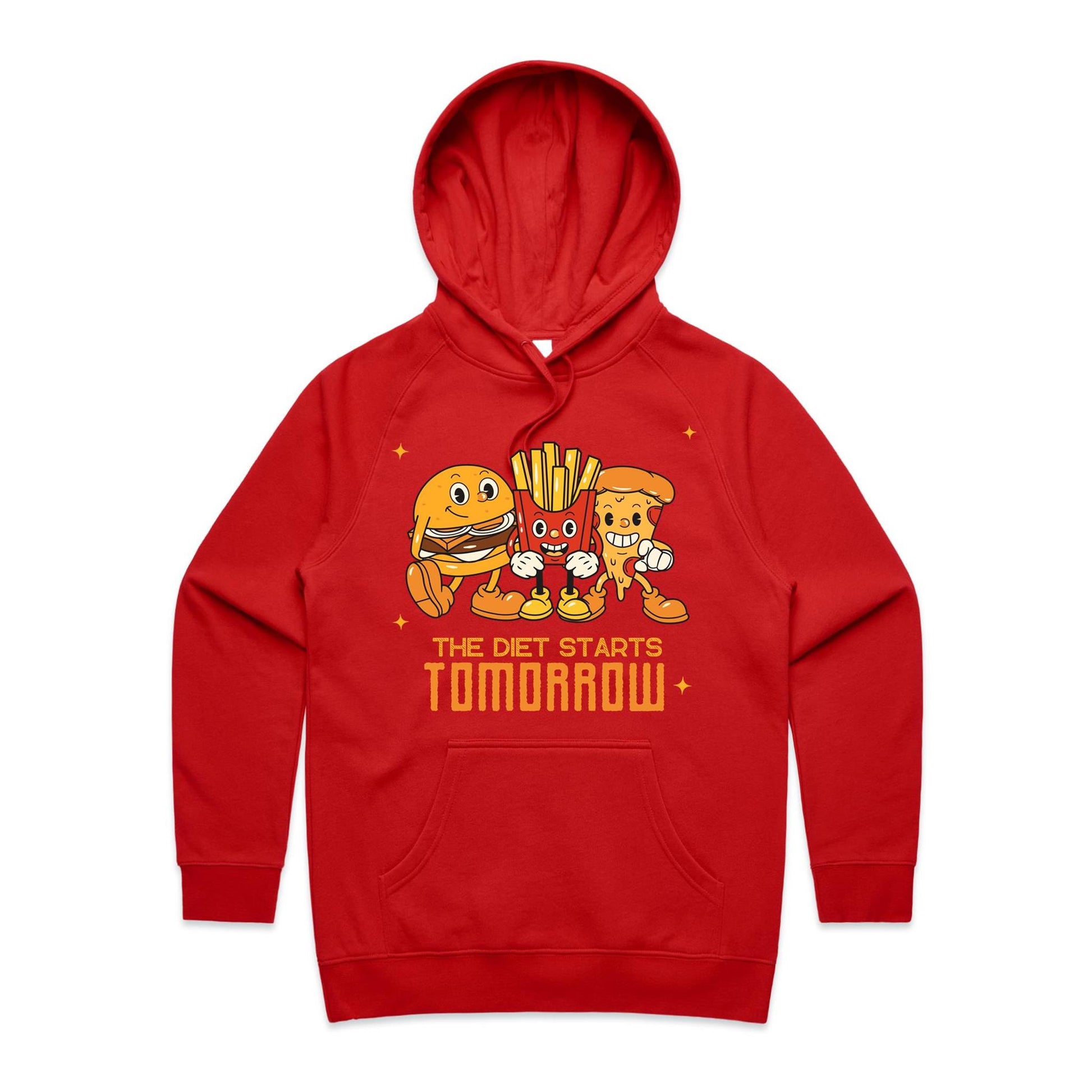 The Diet Starts Tomorrow, Hamburger, Pizza, Fries - Women's Supply Hood Red Womens Supply Hoodie Food Funny Retro
