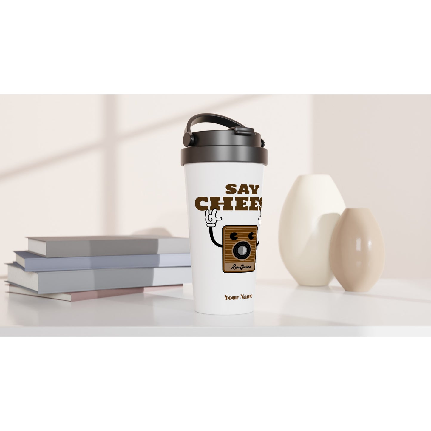 Personalised - Say Cheese, Retro Camera - White 15oz Stainless Steel Travel Mug Personalised Travel Mug Retro Tech