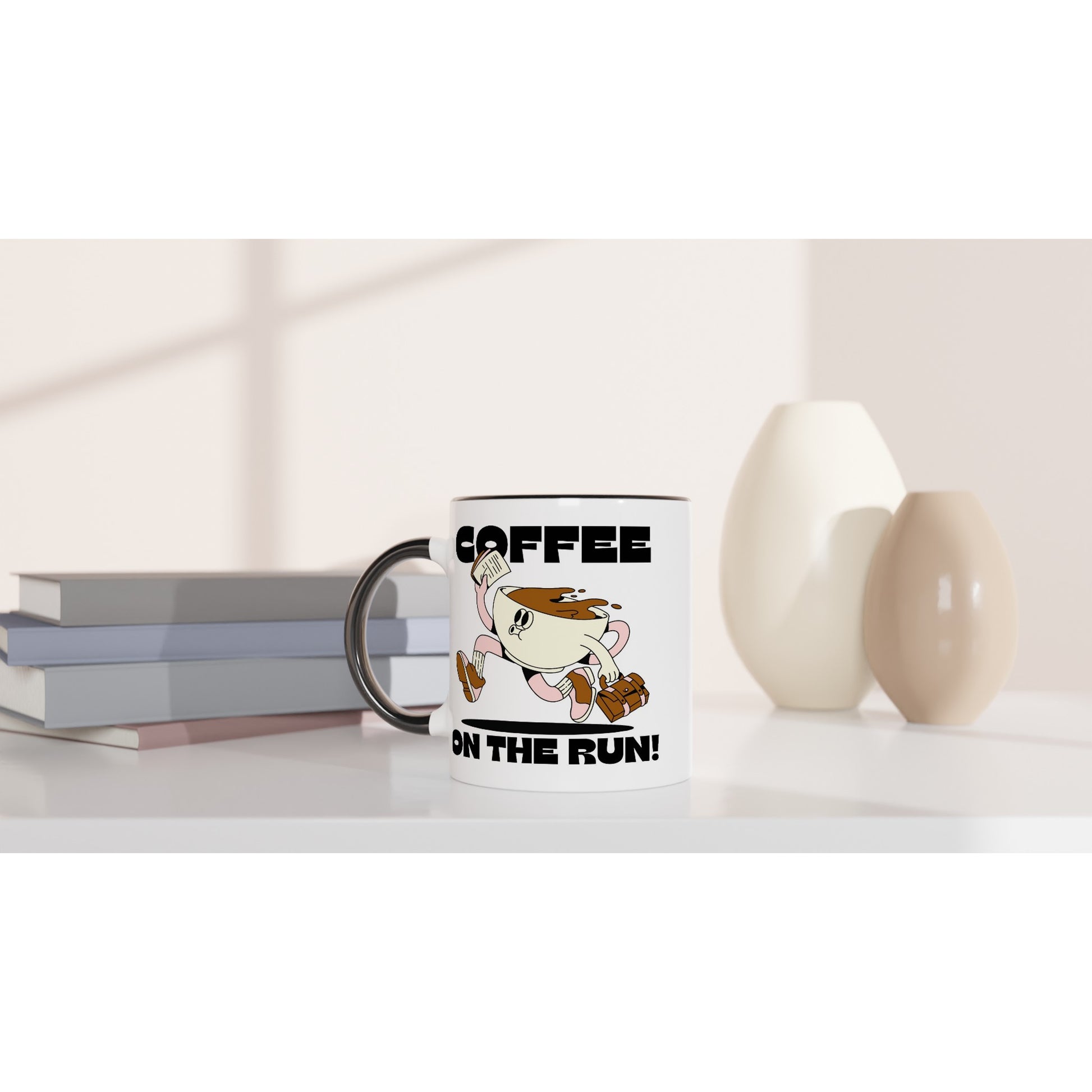 Coffee On The Run - White 11oz Ceramic Mug with Colour Inside Colour 11oz Mug coffee Globally Fulfilled retro