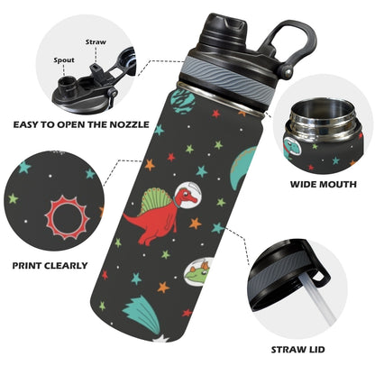 Astronaut Dinosaurs - Insulated Water Bottle with Dual-Use Lid (18oz)