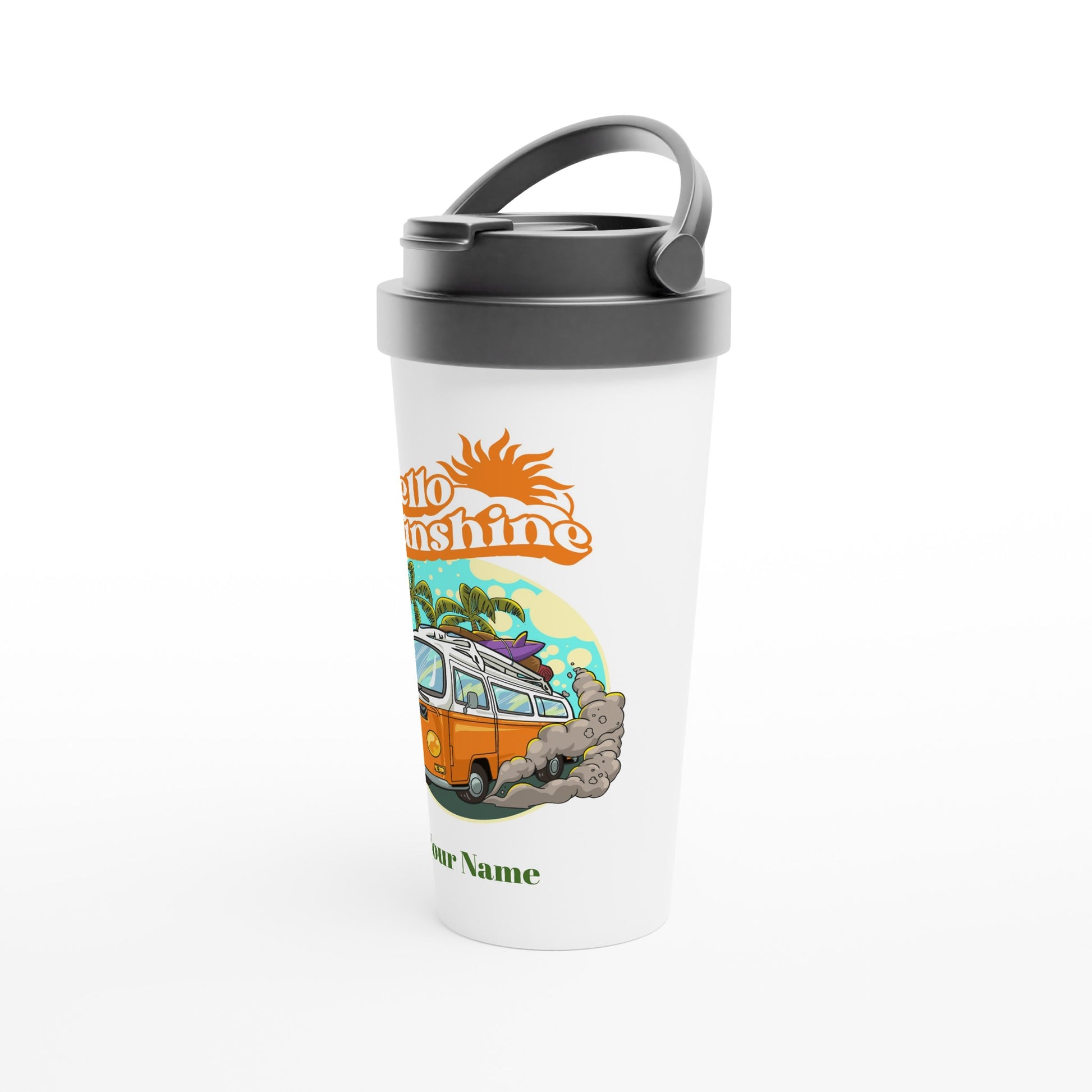 Personalised - Hello Sunshine, Beach Van - White 15oz Stainless Steel Travel Mug Personalised Travel Mug Customise Globally Fulfilled Personalise Retro Summer