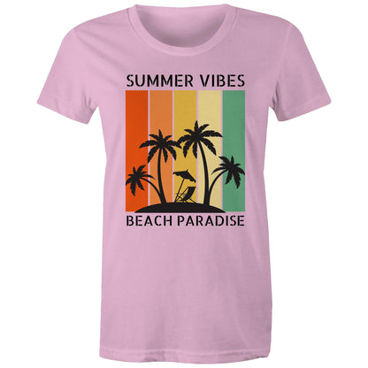 Summer Vibes, Beach Paradise - Womens T-shirt Pink Womens T-shirt Printed In Australia Summer Surf